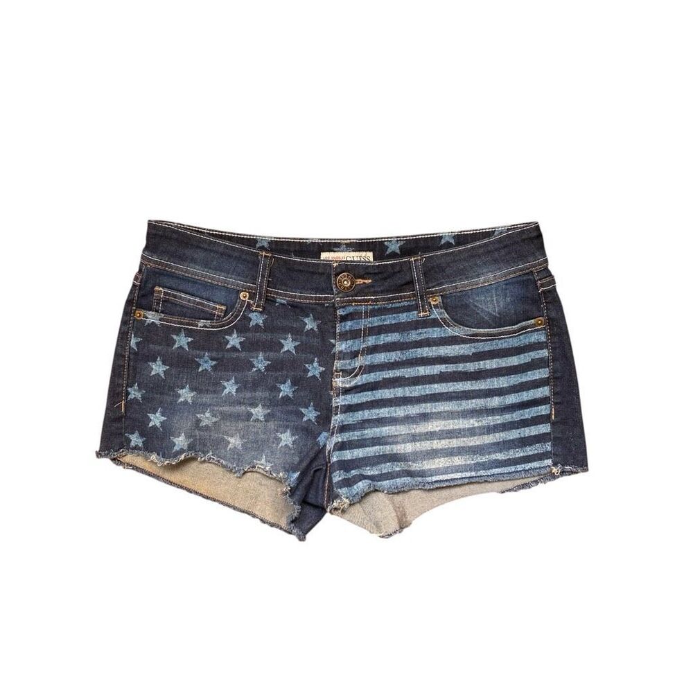 guess patterned denim cutoff mini shorts